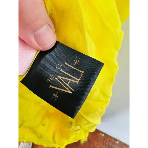 DE LA VALI Yellow Middle Front Cutout Ruching Flowy Sheer Skirt Olympia Gown 14 - Picture 13 of 16